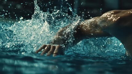 Obraz premium A close-up of a swimmer's arm cutting through the water during a butterfly stroke, with water splashing