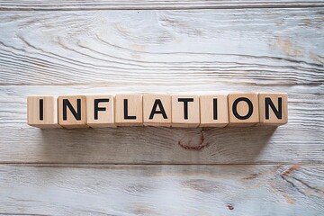 the word INFLATION written on small wooden blocks on white wooden background. Economy and financial concept 