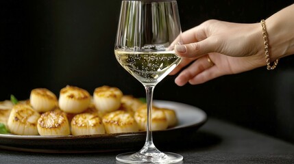 Obraz premium A hand reaches for a glass of white wine next to a plate of seared scallops.