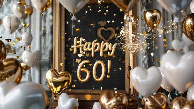 Sixtieth tribute: cheerful visual greeting featuring Happy 60 in eye catching text, conveying heartfelt wishes for special celebration, with lively design elements marking importance milestone year.