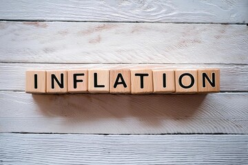 the word INFLATION written on small wooden blocks on white wooden background. Economy and financial concept 