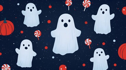 Whimsical Halloween ghosts with candy and pumpkins