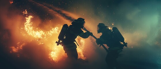 Fototapeta premium Two firefighters are fighting a fire