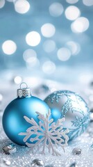 Blue Christmas Ornaments on a Light Blurred Background.