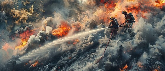 Two firefighters are fighting a fire