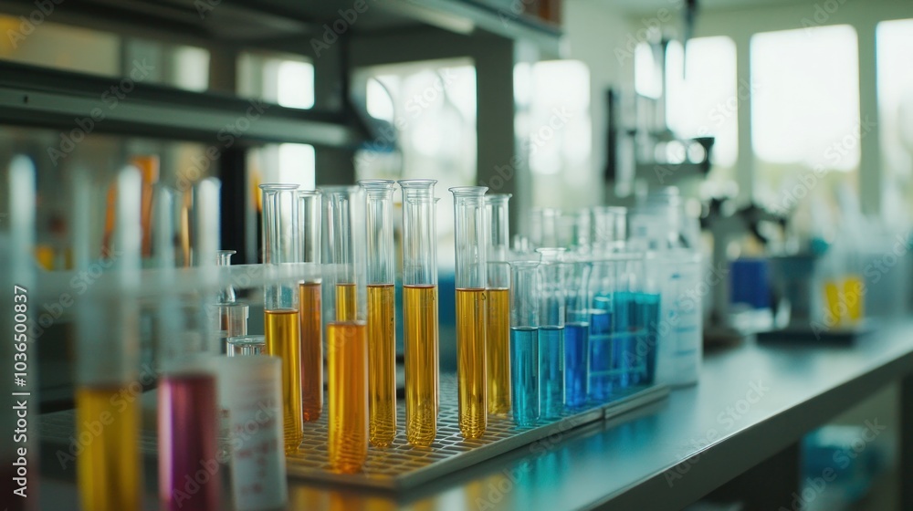 Poster a row of test tubes filled with colorful liquids sits on a lab counter in a brightly lit science lab