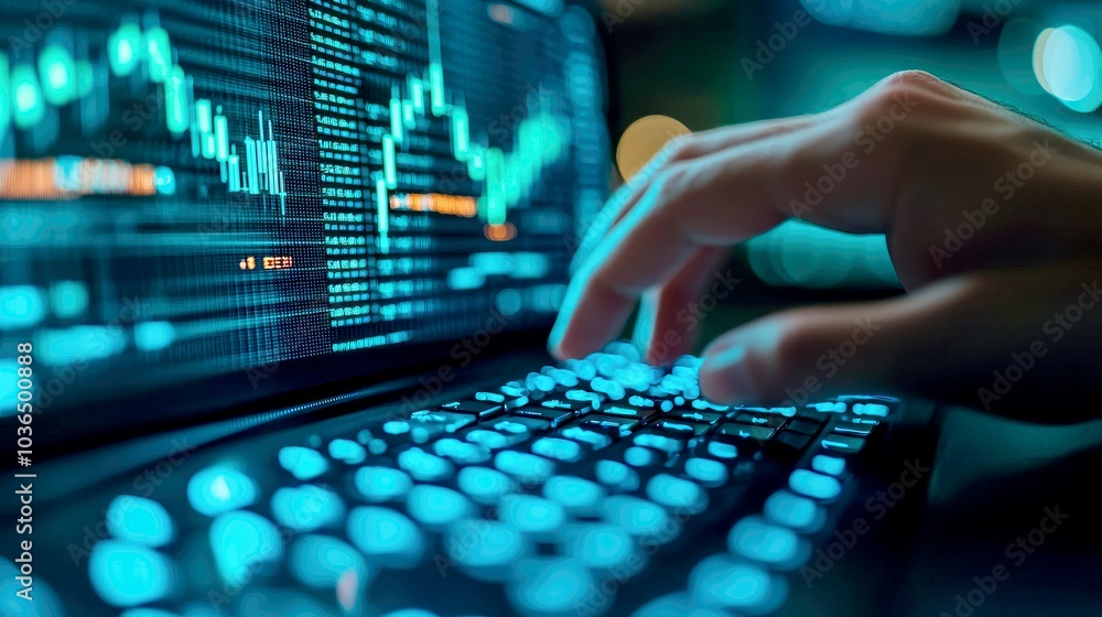 Poster a hand types on a laptop keyboard with a stock market chart visible on the screen.