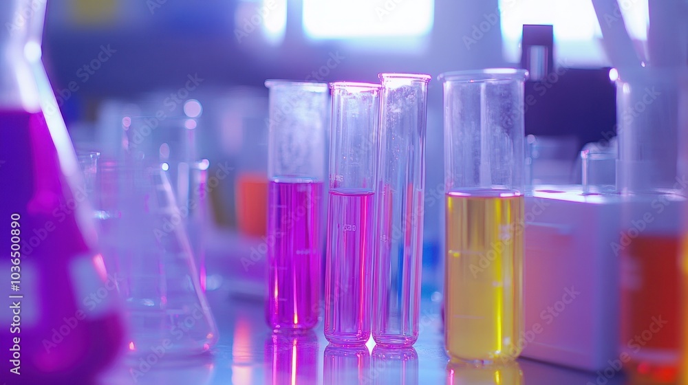Poster close-up of colorful liquids in test tubes and flasks on a laboratory table.