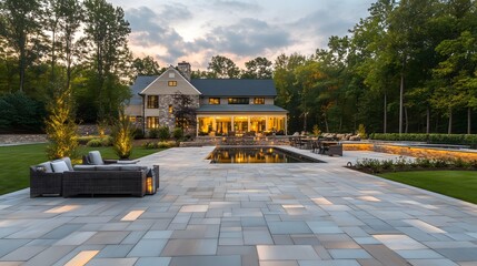 A sleek patio with solar-powered lighting and automated climate management systems