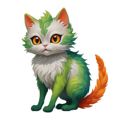 Fototapeta premium Generated image of a small cat-like fantasy creature with vibrant green and white fur