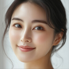 Obraz premium Close-up photo of a beautiful Korean woman in her thirties with natural hairstyle,She is smiling.