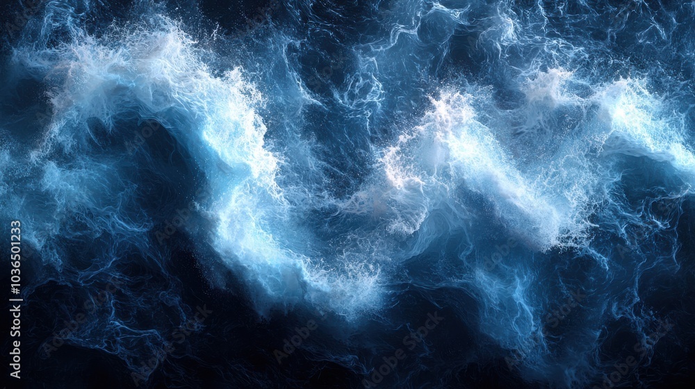 Poster dynamic ocean waves crashing in a rhythmic pattern against the dark surface under moonlight at night