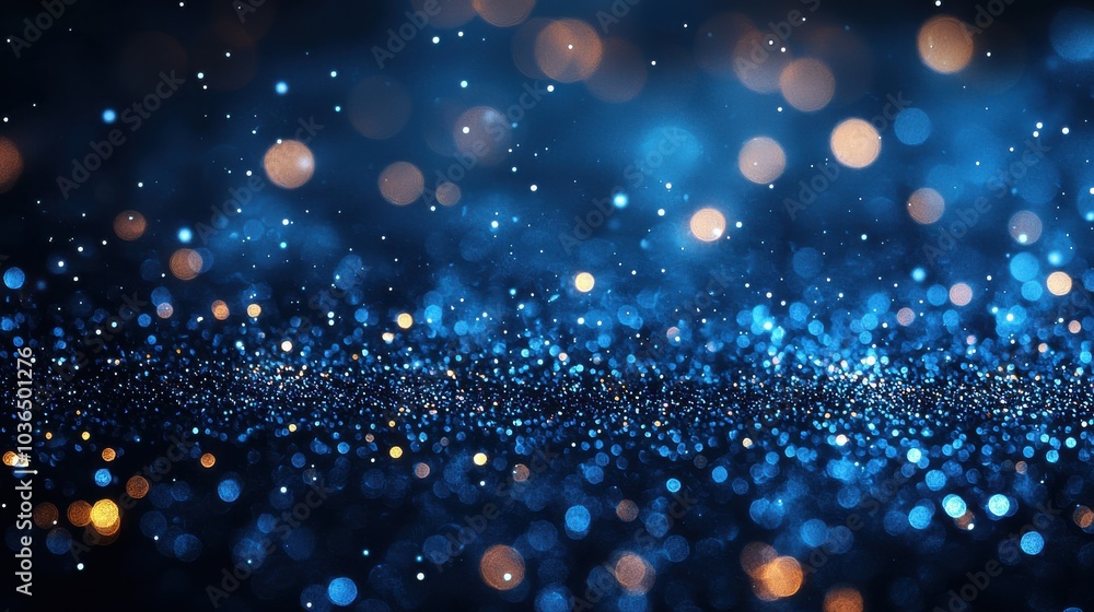 Poster glittering blue and gold bokeh background with shimmering particles on a dark surface creating a mag