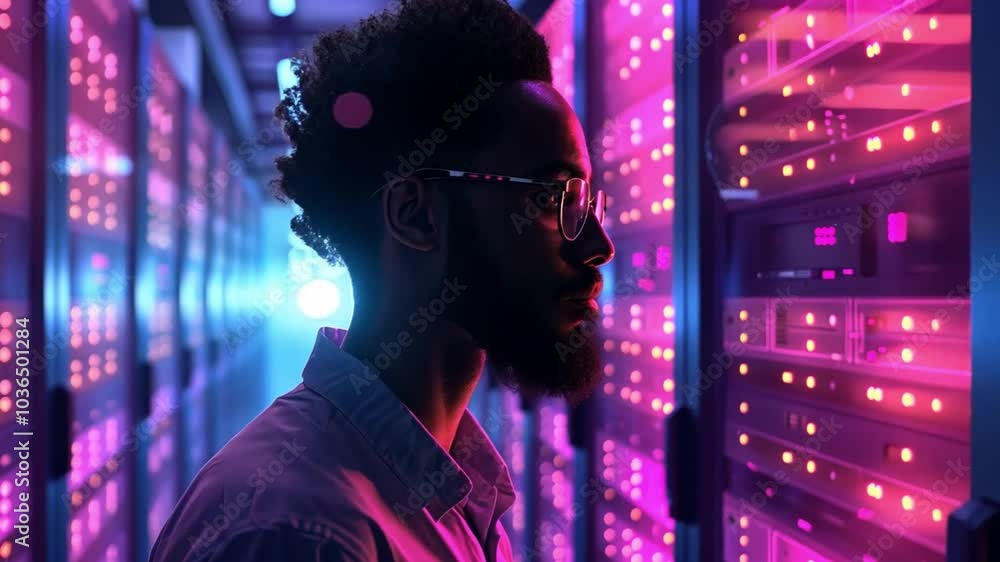 Aufkleber in a modern data center, an individual stands focused while observing high-tech servers surrounded b
