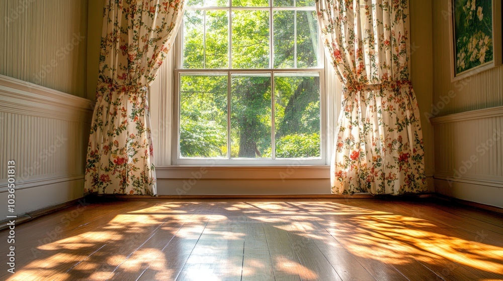 Poster sunlight streams through a window with floral curtains onto hardwood floors, creating dappled shadow