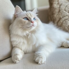 Fototapeta premium A fluffy white Ragdoll cat lying comfortably on a soft couch, its gentle features and luxurious fur radiating tranquility