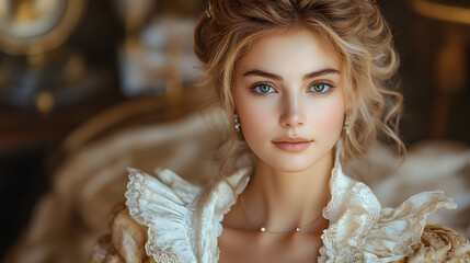 Fototapeta premium Woman in elegant, vintage attire sits on an ornate chair. She has striking blue eyes, delicate features, and dark hair. The luxurious setting adds a regal, timeless atmosphere to the portrait. 