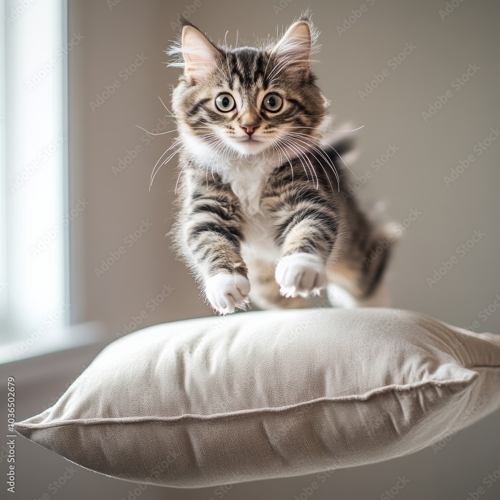 Poster a playful tabby cat jumping playfully onto a soft pillow, its fluffy fur and bright eyes creating a 
