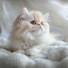 A playful young Persian kitten lying on a soft surface, its luxurious fur and relaxed posture creating a serene and cozy scene