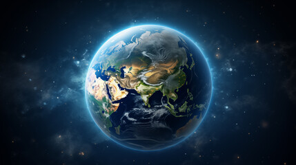 Planet Earth with detailed relief and atmosphere. Blue space background with earth and galaxy.