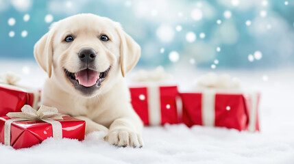 happy puppy surrounded by Christmas gifts in snowy setting, evoking joy and warmth during holiday season