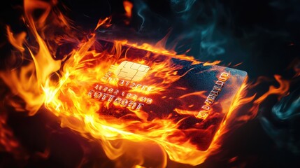 A credit card engulfed in vibrant flames, symbolizing financial crisis and economic turmoil, against a dark backdrop.