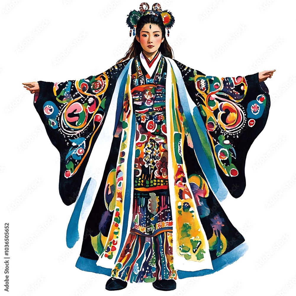 Sticker Woman in Traditional Japanese Kimono with Colorful Designs.