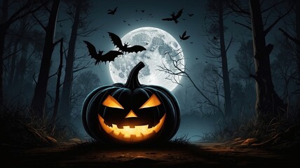 Fototapeta premium Silhouette of a devilish pumpkin on the floor in the forest at night with crows flying in full moon night.