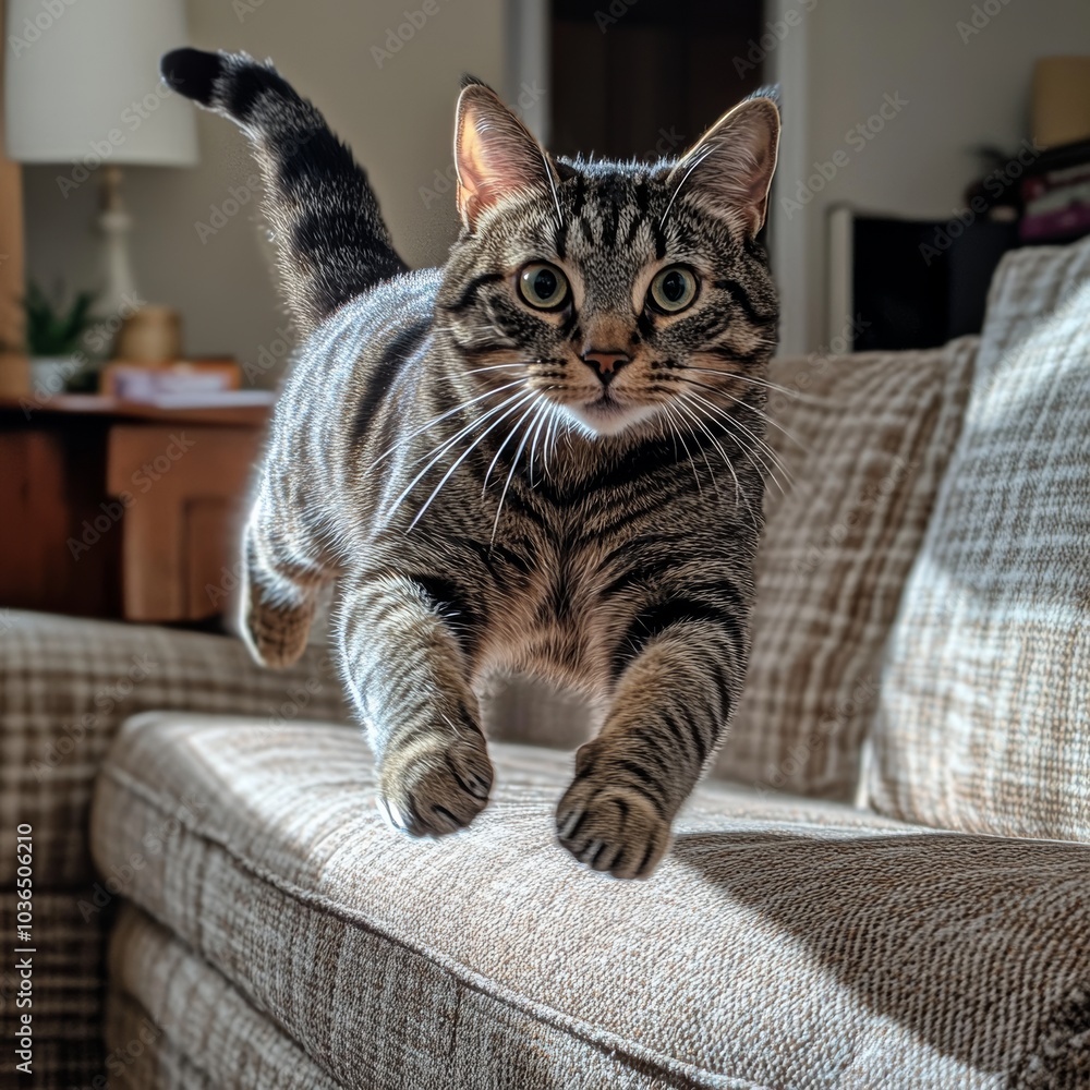 Poster an energetic tabby cat leaping off a soft couch, its playful expression and fluffy tail creating a d