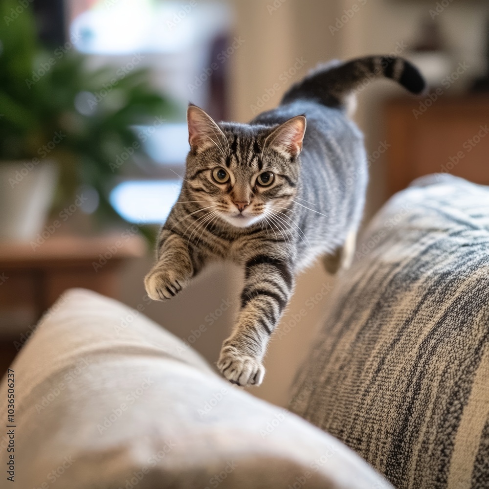 Poster an energetic tabby cat leaping off a soft couch, its playful expression and fluffy tail creating a d