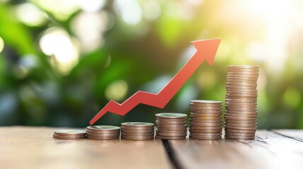Red Upward arrow on money coin stack as growth graph steps in home shape symbol,Savings, income, home investment, real estate price value, property profit concepts,the rising price of real estate.