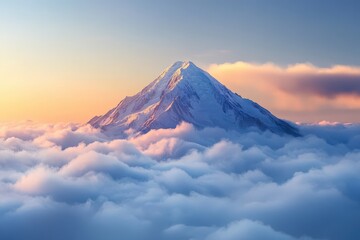 Naklejka premium Snowy Mountain Peak Emerging from a Sea of Clouds at Sunset