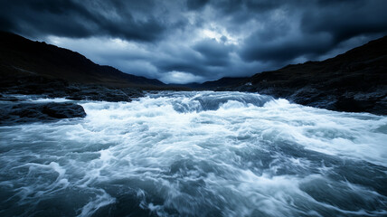 Fototapeta premium dramatic scene of turbulent waters rushing through rocky terrain under moody sky. powerful waves create sense of energy and movement, capturing raw beauty of nature