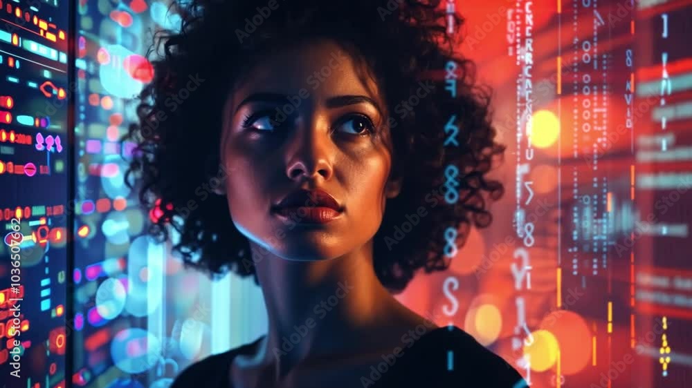 Poster a woman stands in a brightly lit space, her curly hair framing her face as she looks thoughtfully at