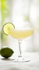 Daiquiri cocktail with pale liquid and lime wheel garnish in a chilled coupe glass. White background highlighting the smooth and elegant presentation. 