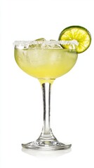 Fresh Margarita cocktail with lime green liquid, salted rim, and lime wedge garnish in a glass. White background with a clear focus on the refreshing icy drink. 
