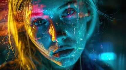 Abstract Portrait of a Woman with Glowing Lines and Colors