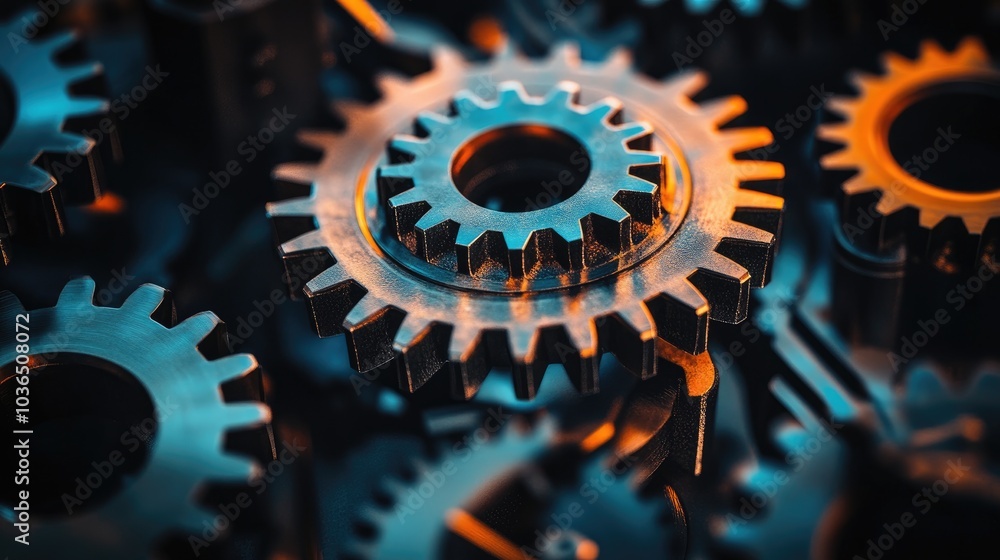 Poster a dynamic image of interlocking gears, their movement symbolizing mechanical efficiency and engineer