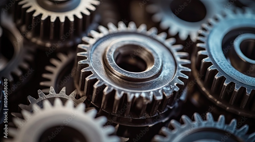 Poster a dynamic image of interlocking gears, their movement symbolizing mechanical efficiency and engineer