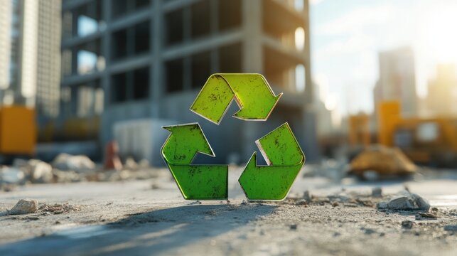 A circular economy icon with vibrant green arrows, set on a blurred background of a construction site, emphasizing the reuse of building materials.