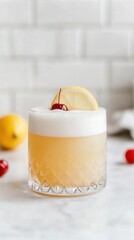Whiskey Sour cocktail with frothy top, lemon slice, and cherry garnish in a rocks glass. Soft vibrant colors on a white background. High-resolution cocktail photography for design and print.
