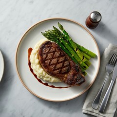 Grilled Steak Dinner with Asparagus and Mashed Potatoes