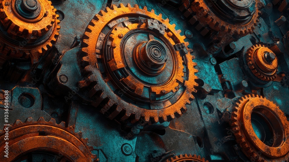 Poster a dynamic image of interlocking gears, their movement symbolizing mechanical efficiency and engineer