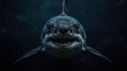 A dramatic close-up studio headshot of a great white shark, showing its sharp teeth slightly visible. The lighting is intense, highlighting the shark's powerful jawline and textured skin.