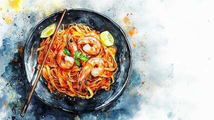 Watercolor of Thai Fried Noodles,Pad Thai with shrimp and vegetables,Thai Food,Pad Thai popular street food,Original thai food with prawn in Pad Thai,Thailand popuplar cuisine,menu for restaurant.