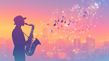 Obraz premium The person playing saxophone in the city, silhouette photo