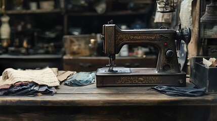 Vintage Sewing Machine on a Rustic Wooden Table