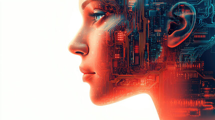 The long hair composed of a woman's head, data, and electronics