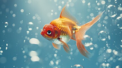 Fototapeta premium A goldfish breathing bubbles against a light blue background