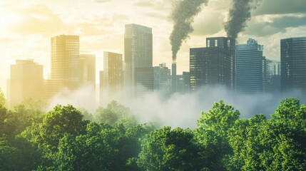 A photostock image of air pollution being reduced in a green urban environment, showcasing fresh air and clean energy